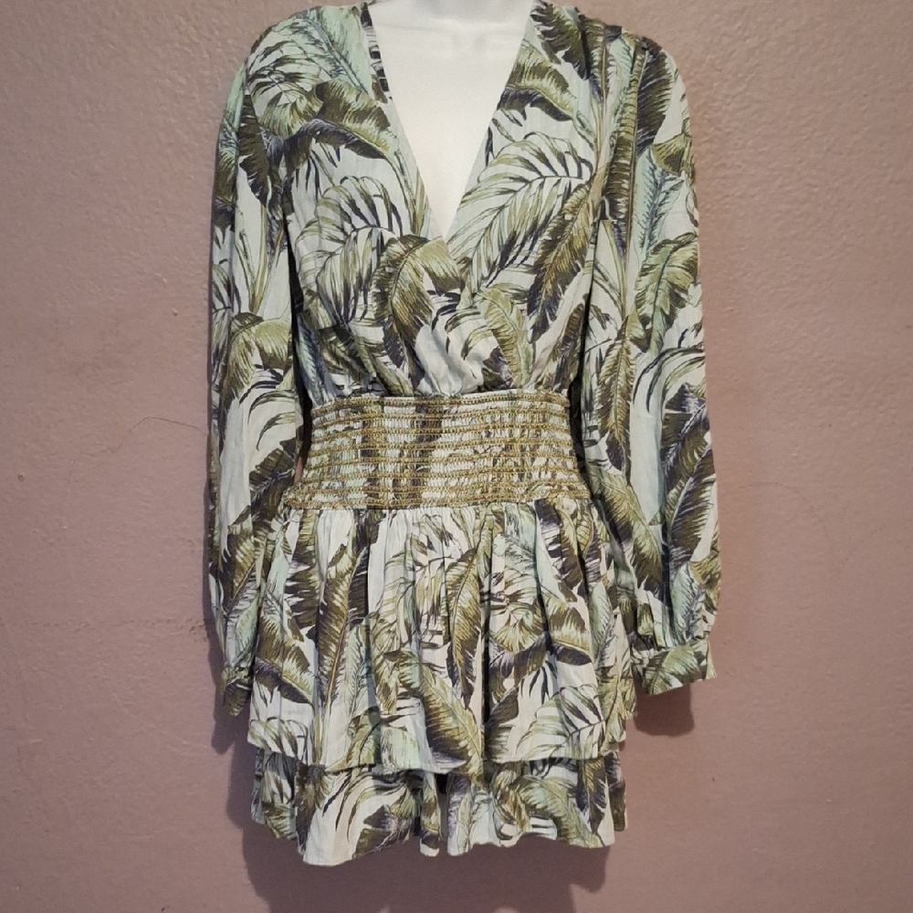Leaf Patterned Mini Dress with Smocked Waist
